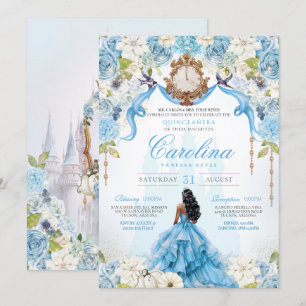 Cinderella Quinceañera Blue Gold Luxury Birthday Invitation
