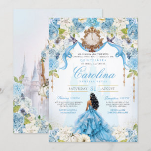 Cinderella Quinceañera Blue Gold Luxury Birthday Invitation