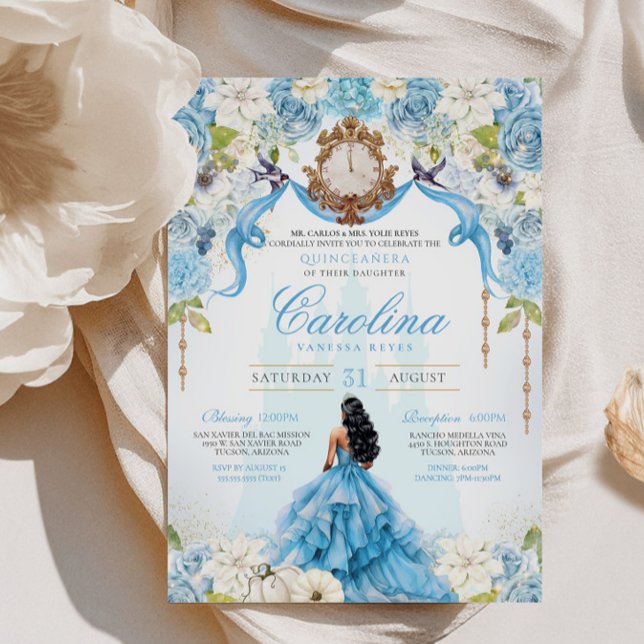 Cinderella Quinceanera Luxury Blue Gold Birthday Invitation (Creator Uploaded)