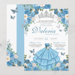 Cinderella Silver Blue Butterfly Princess Birthday Invitation