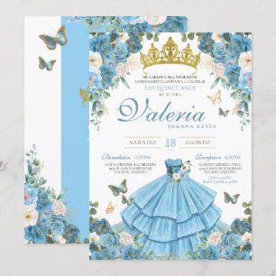 Cinderlla Blue Gold Elegant Princess Quinceañera Invitation