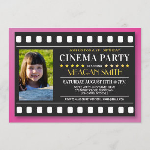 Cinema Birthday Party Movie Film Girl's Pink Photo Invitation