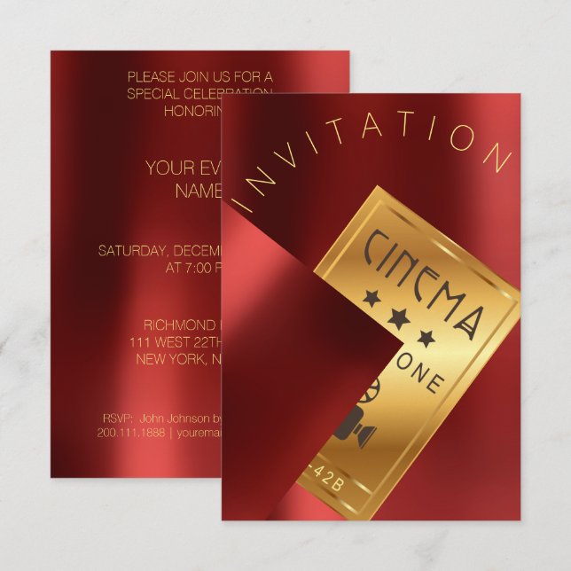 Cinema Film Festival Event Metal Red Ruby Gold Invitation (Front/Back)