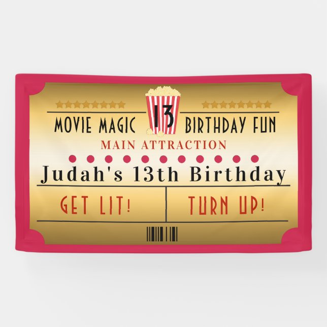 Cinema Movie Popcorn Ticket Birthday Party Banner (Horizontal)