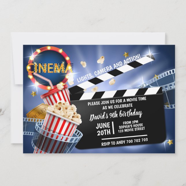 Cinema Movie Time Boy Birthday Popcorn Invitation (Front)
