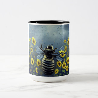 cinematic bee on sunflower Two-Tone coffee mug