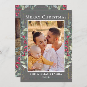 Cinereous Gold Christmas Holly Berries 2 Photo Holiday Card