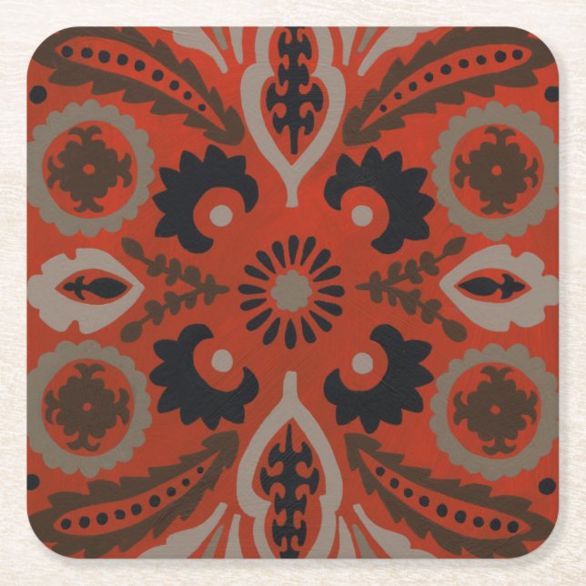 Cinnabar Suzani II Square Paper Coaster (Front)