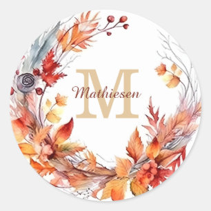 Cinnamon Autumn Leaves Wreath Monogram Classic Round Sticker