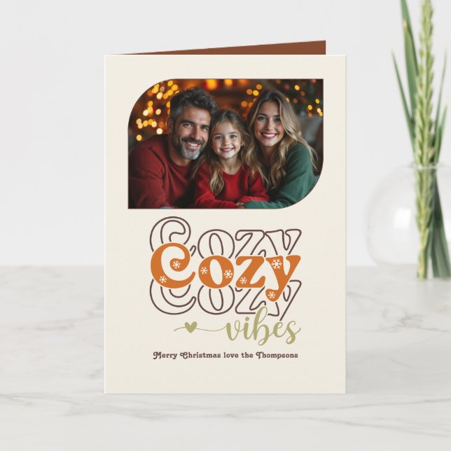 Cinnamon Glow Cosy Vibes Retro Christmas Photo Holiday Card (Front)