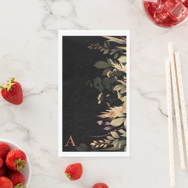Cinnamon Monogram Fall Foliage Black Napkin (Insitu)