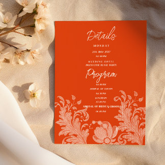 Cinnamon orange white floral lace Details Program Invitation
