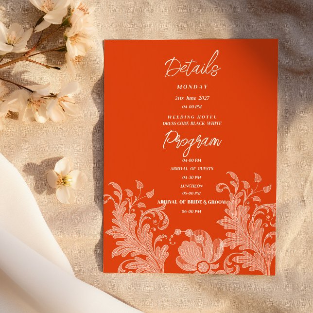 Cinnamon orange white floral lace Details Program Invitation (Cinnamon orange white floral lace Details Program )