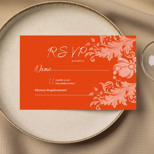 Cinnamon orange white floral lace RSVP Invitation (Cinnamon orange white floral lace RSVP )
