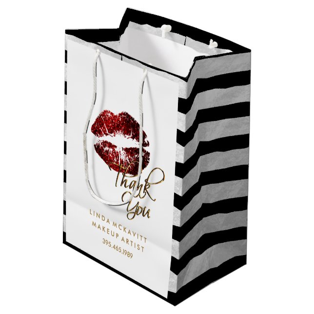 Cinnamon Red Glitter Lips & White Stripes Medium Gift Bag (Back Angled)