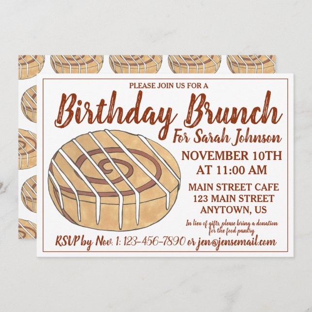 Cinnamon Roll Bun Pastry Birthday Party Brunch Invitation (Front/Back)