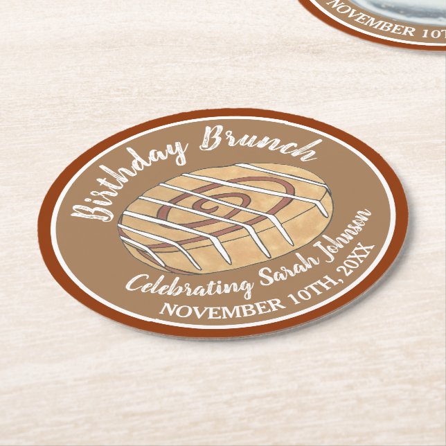 Cinnamon Roll Bun Pastry Birthday Party Brunch Round Paper Coaster (Angled)