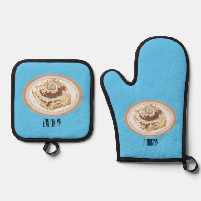 Cinnamon roll cartoon illustration oven mitt & pot holder set (Front)