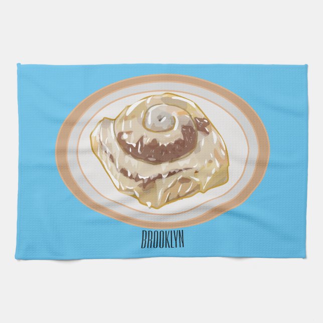 Cinnamon roll cartoon illustration tea towel (Horizontal)