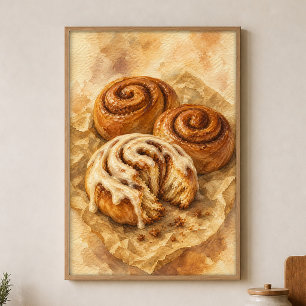 Cinnamon Rolls on Parchment Watercolour Poster