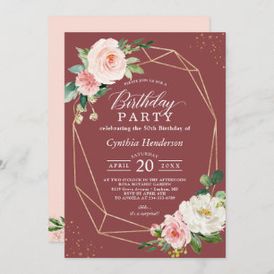 Cinnamon Rose Blush Pink Floral Birthday Party Invitation