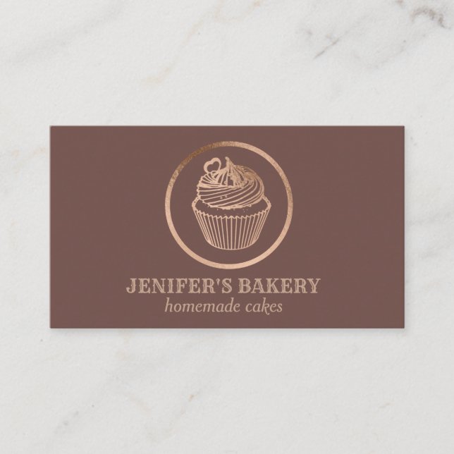 Cinnamon rose gold foil cupcake homemade bakery business card (Front)