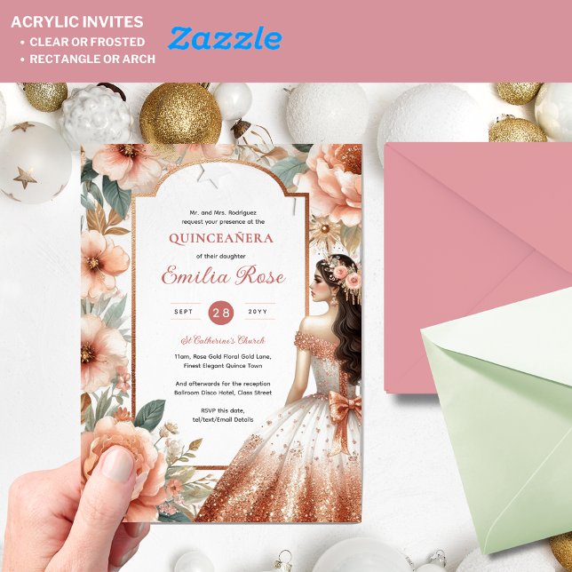 Cinnamon Rose Gold Quinceañera Dress Floral Quince Acrylic Invitations (Creator Uploaded)