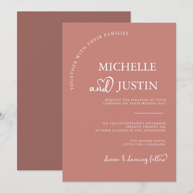 Cinnamon Rose Modern Simple Minimalist Wedding  Invitation (Front/Back)