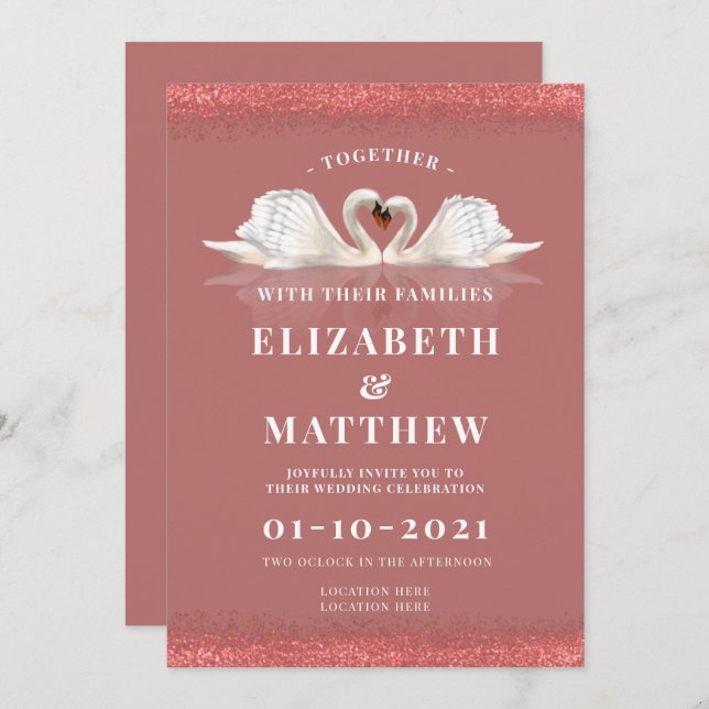 Cinnamon Rose Pink Colour Theme with Swans Wedding Invitation (Front/Back)