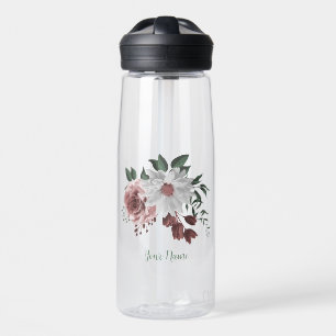 cinnamon rose, white and pink flowers greenery water bottle