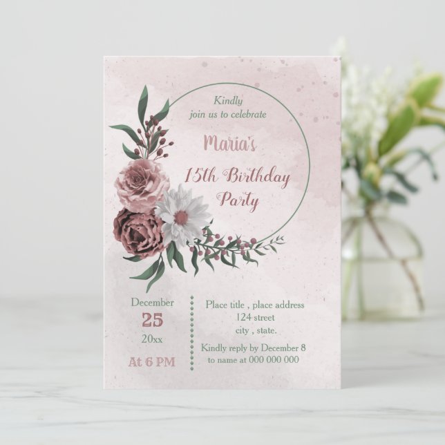 cinnamon rose white floral wreath birthday party invitation (Standing Front)