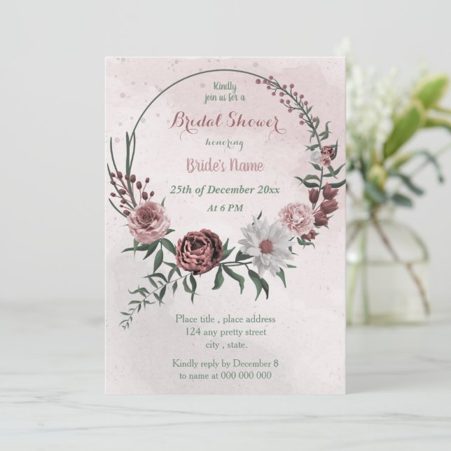 cinnamon rose white floral wreath bridal shower invitation (Standing Front)