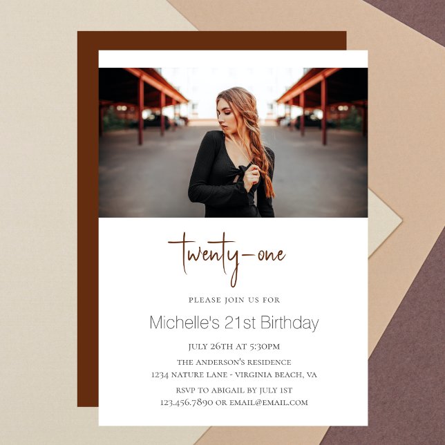 Cinnamon Stylish Modern Photo 21st Birthday Invitation (Creator Uploaded)