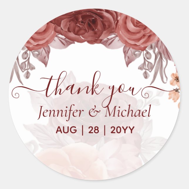 Cinnamon Terracotta FALL Floral Botanical WEDDING Classic Round Sticker (Front)
