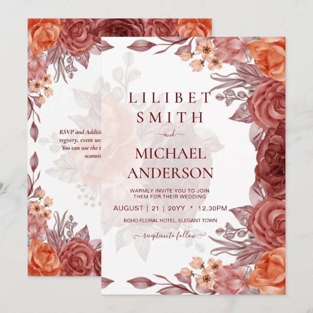 Cinnamon Terracotta FALL Floral Botanical WEDDING Invitation (Front/Back)