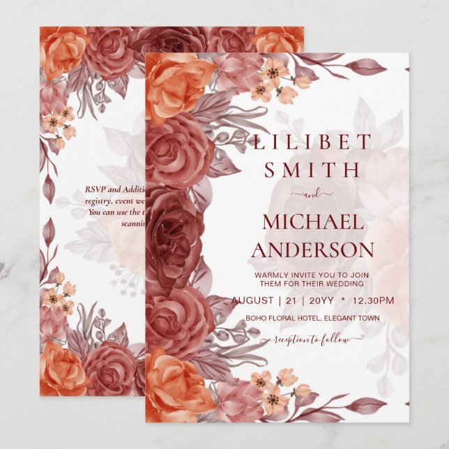 Cinnamon Terracotta FALL Floral Botanical WEDDING Invitation (Front/Back)