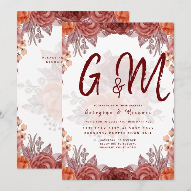 Cinnamon Terracotta FALL Floral Botanical WEDDING Invitation (Front/Back)