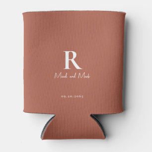 Cinnamon & White Monogram and Couple Names Wedding Can Cooler