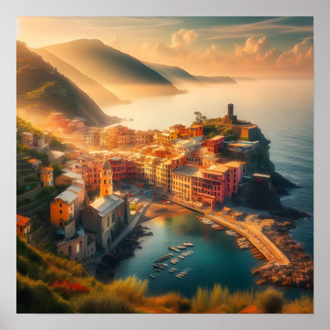 Cinque Terre Beach Italy Vintage Europe Travel Poster (Front)