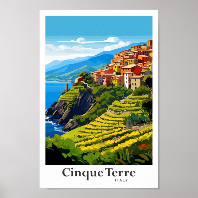 Cinque Terre Italy Art Vintage Travel Illustration Poster (Front)