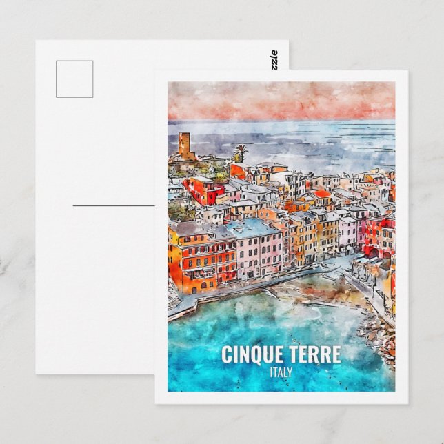 Cinque Terre Italy Famous Travel Place Watercolor Postcard (Front/Back)