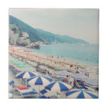 Cinque Terre Italy Fun Beach Scenic Travel Photo Tile<br><div class="desc">A beautiful landscape view of the gorgeous beach, blue ocean, and mountains in Monterosso al Mare, Cinque Terre, Italy showing families enjoying a fun sunny day at sea. Travel and beach photography.</div>