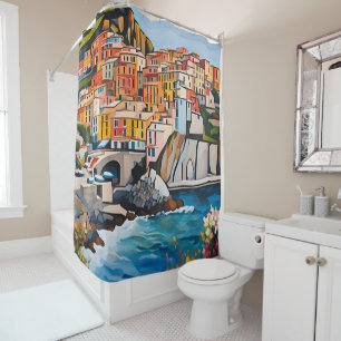 Cinque Terre Italy Mediterranean Modern Art Coast Shower Curtain