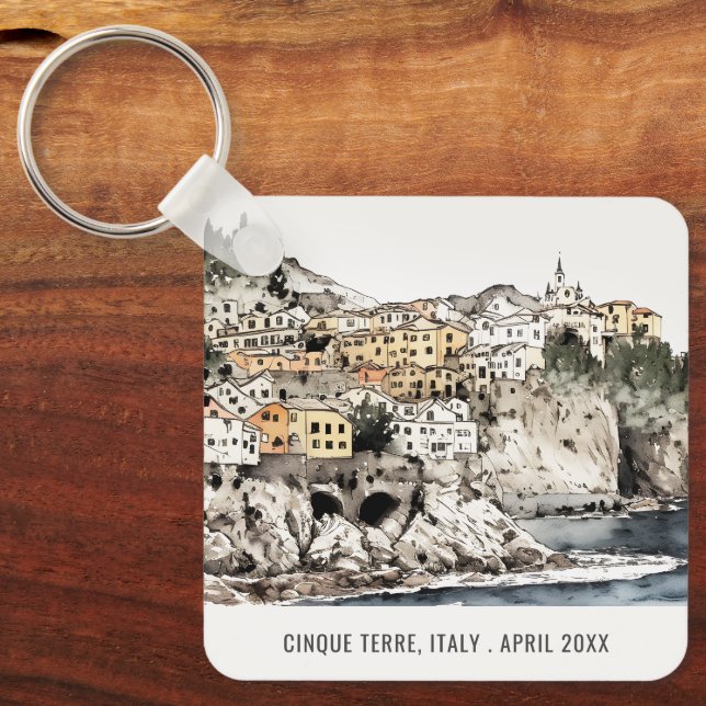 Cinque Terre Italy Sea Watercolor Italian Travel Key Ring (Front)