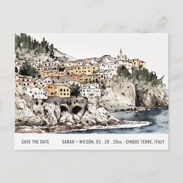 Cinque Terre Italy Sea Watercolor Save The Date Postcard (Front)
