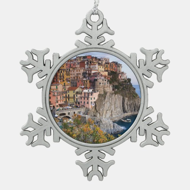 Cinque Terre, Italy Snowflake Pewter Christmas Ornament (Front)