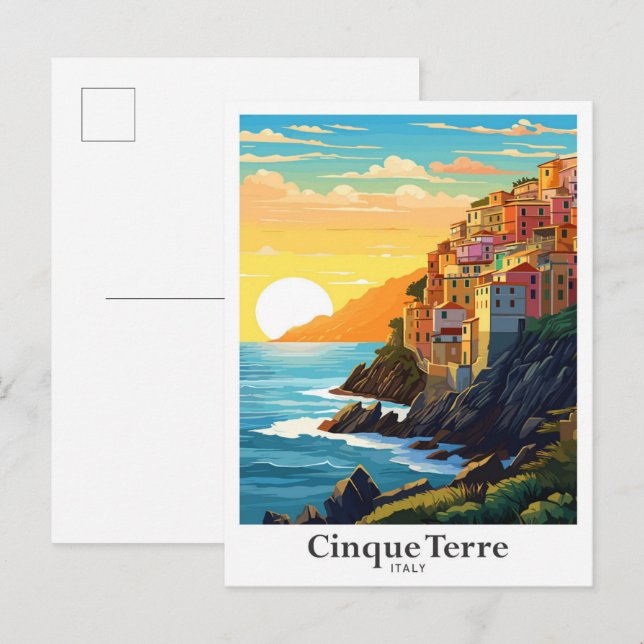 Cinque Terre Italy Travel Art Vintage Illustration Postcard (Front/Back)