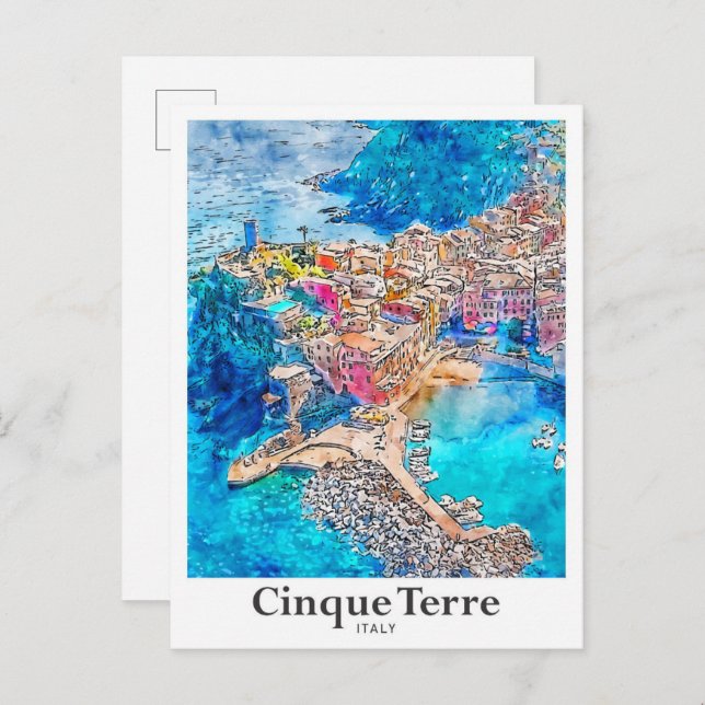 Cinque Terre Italy Travel Watercolor Hand Drawn Postcard (Front/Back)