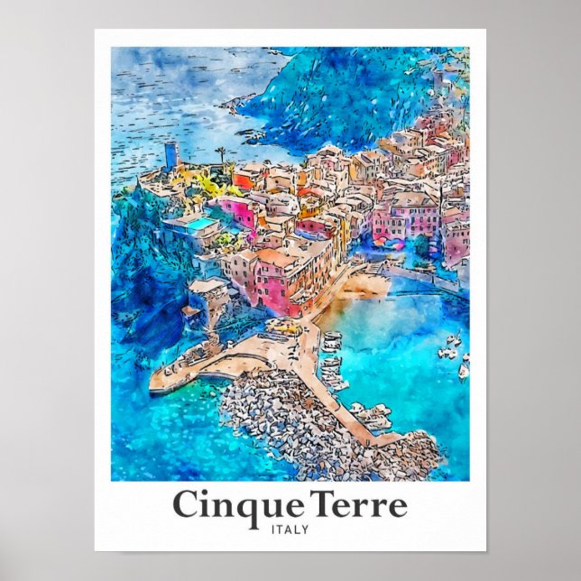 Cinque Terre Italy Travel Watercolor Hand Drawn Poster (Front)