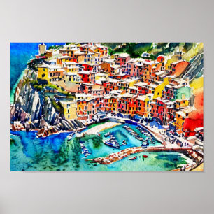 Cinque Terre Italy Vintage Travel, Watercolor Poster